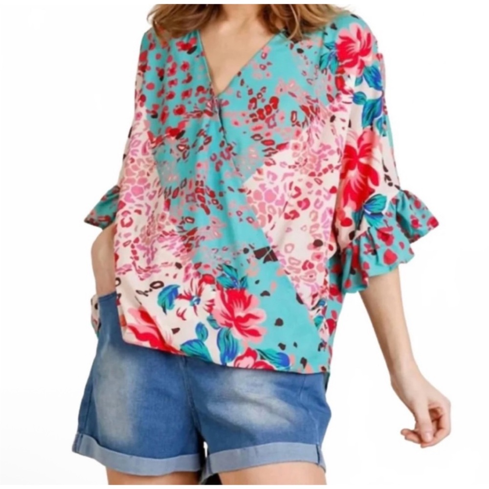 NEW! Umgee Ruffle Sleeve Mixed Floral Print Oversized Hi Lo Surplice Top!